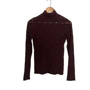 Express Small Burgundy Floral Lace Mock Neck Sheer Top Boho Festival